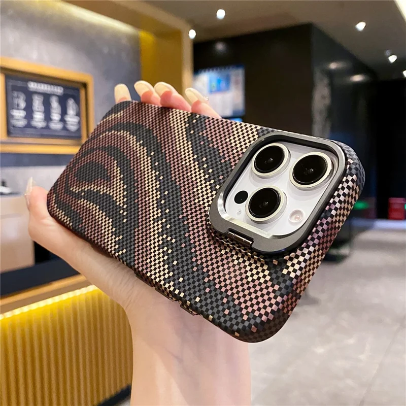 For iPhone 16 Pro Max Case Compatible with MagSafe Flame Pattern Hard PC Phone Cover with Lens Frame Kickstand - Desert Gold