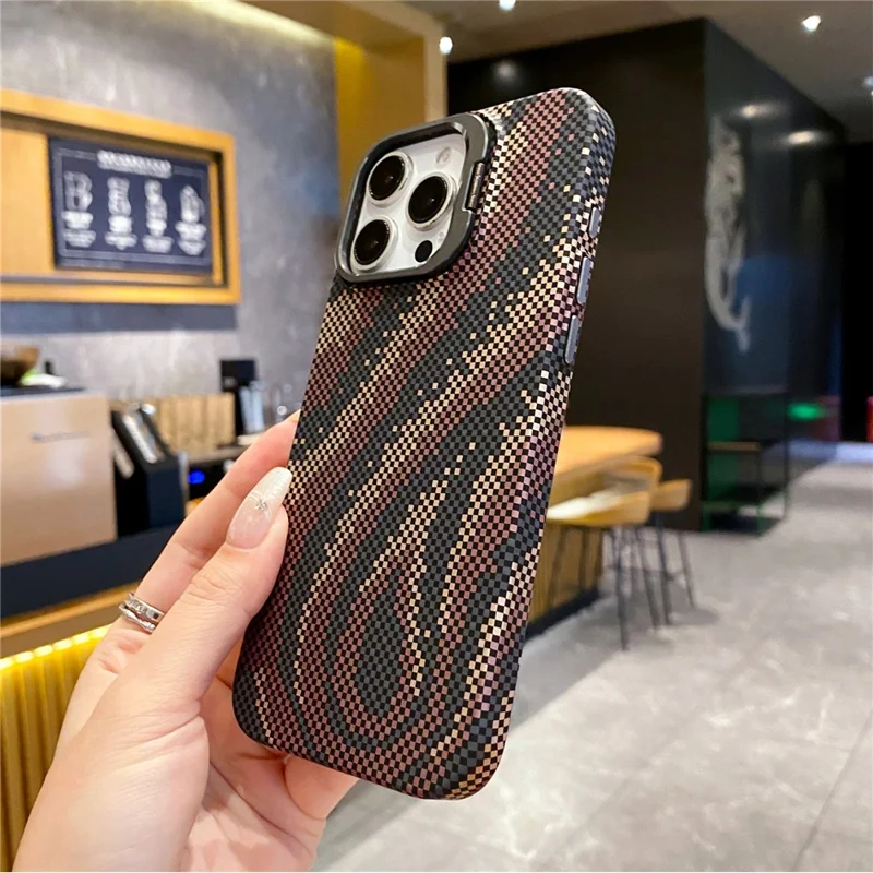 For iPhone 16 Pro Max Case Compatible with MagSafe Flame Pattern Hard PC Phone Cover with Lens Frame Kickstand - Desert Gold