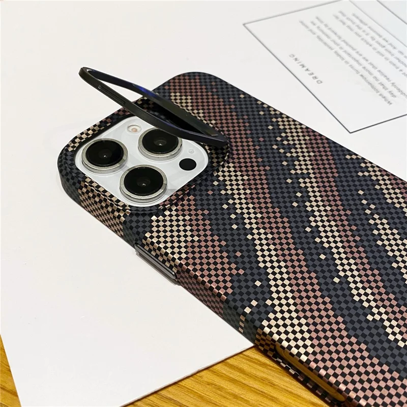 For iPhone 16 Pro Max Case Compatible with MagSafe Flame Pattern Hard PC Phone Cover with Lens Frame Kickstand - Desert Gold