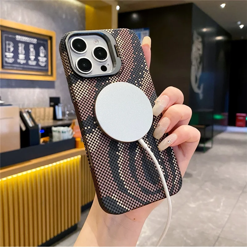 For iPhone 16 Pro Max Case Compatible with MagSafe Flame Pattern Hard PC Phone Cover with Lens Frame Kickstand - Desert Gold