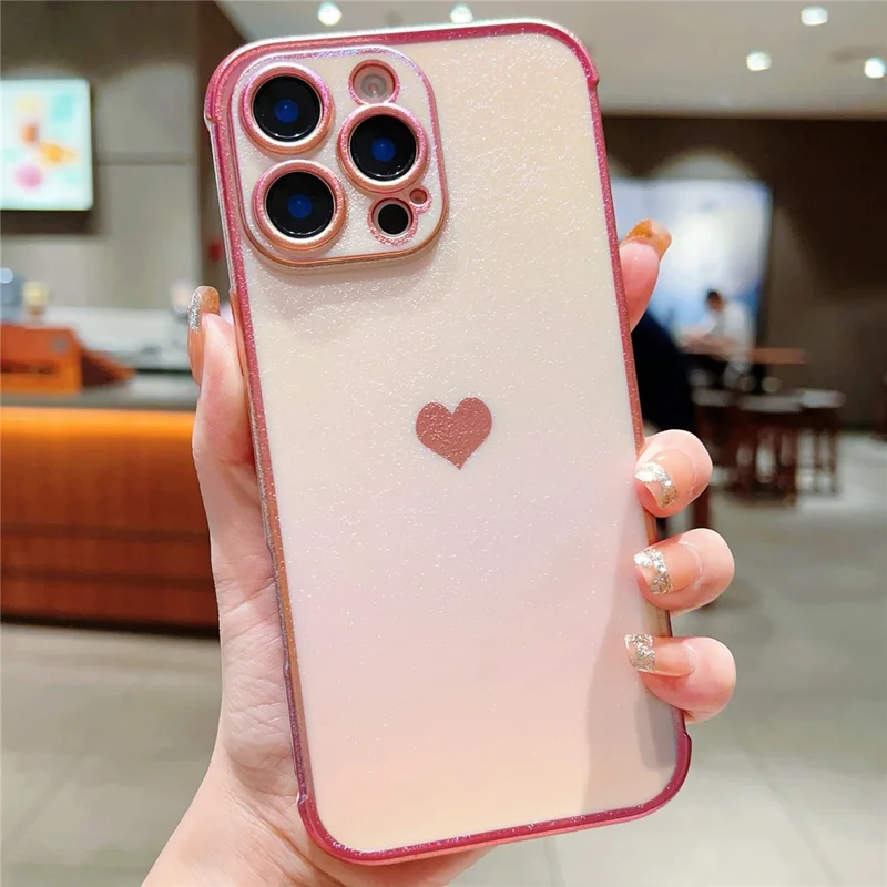 For iPhone 16 Pro Case Dazzling Design Electroplating Heart Pattern TPU Phone Cover - Pink