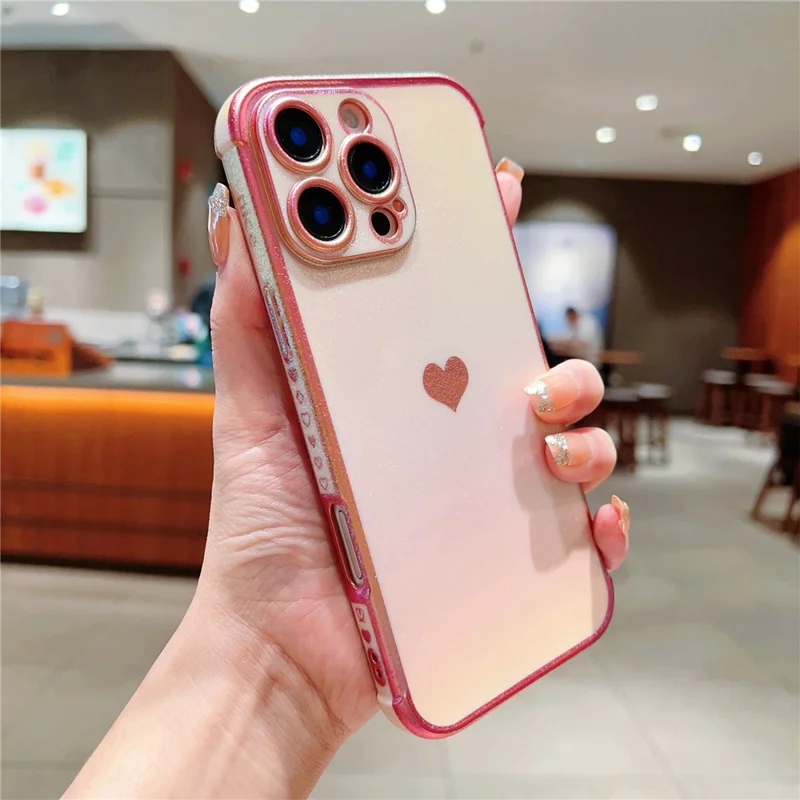 For iPhone 16 Pro Case Dazzling Design Electroplating Heart Pattern TPU Phone Cover - Pink