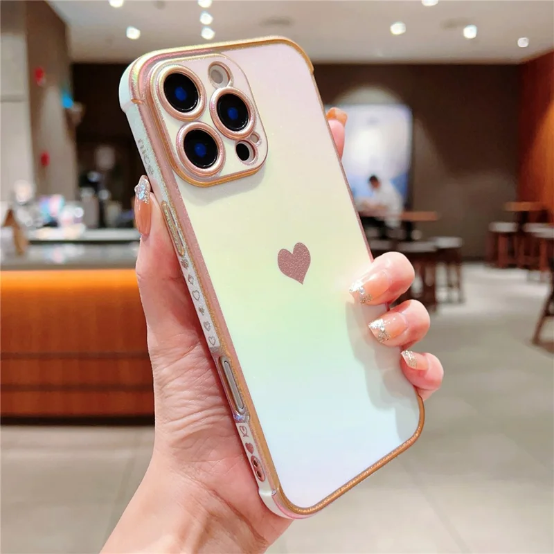 For iPhone 16 Pro Case Dazzling Design Electroplating Heart Pattern TPU Phone Cover - White