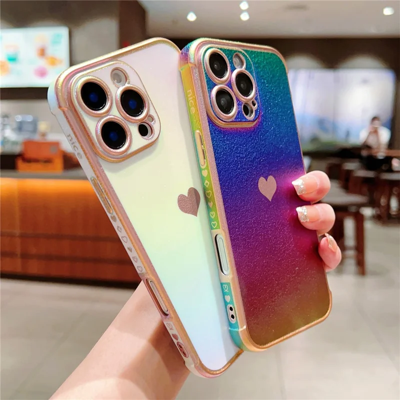 For iPhone 16 Pro Case Dazzling Design Electroplating Heart Pattern TPU Phone Cover - White