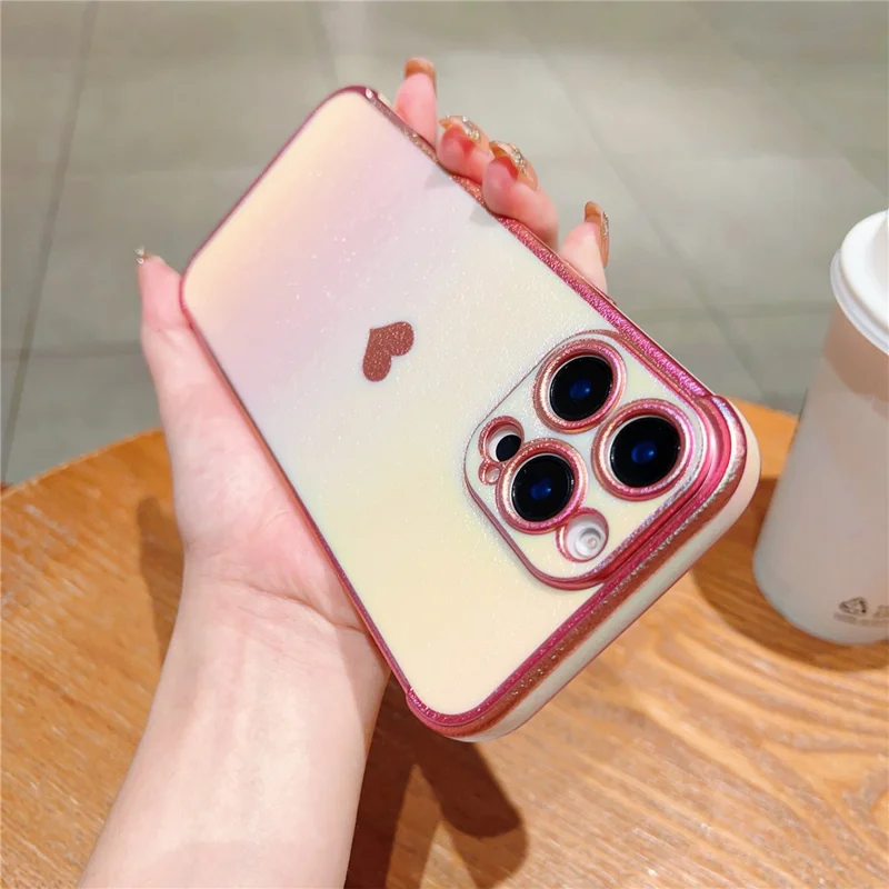 For iPhone 16 Pro Max Case Dazzling Design Electroplating Heart Pattern TPU Phone Cover - Pink