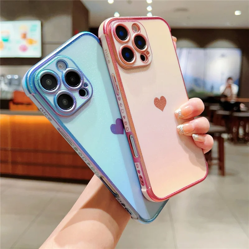 For iPhone 16 Pro Max Case Dazzling Design Electroplating Heart Pattern TPU Phone Cover - Pink