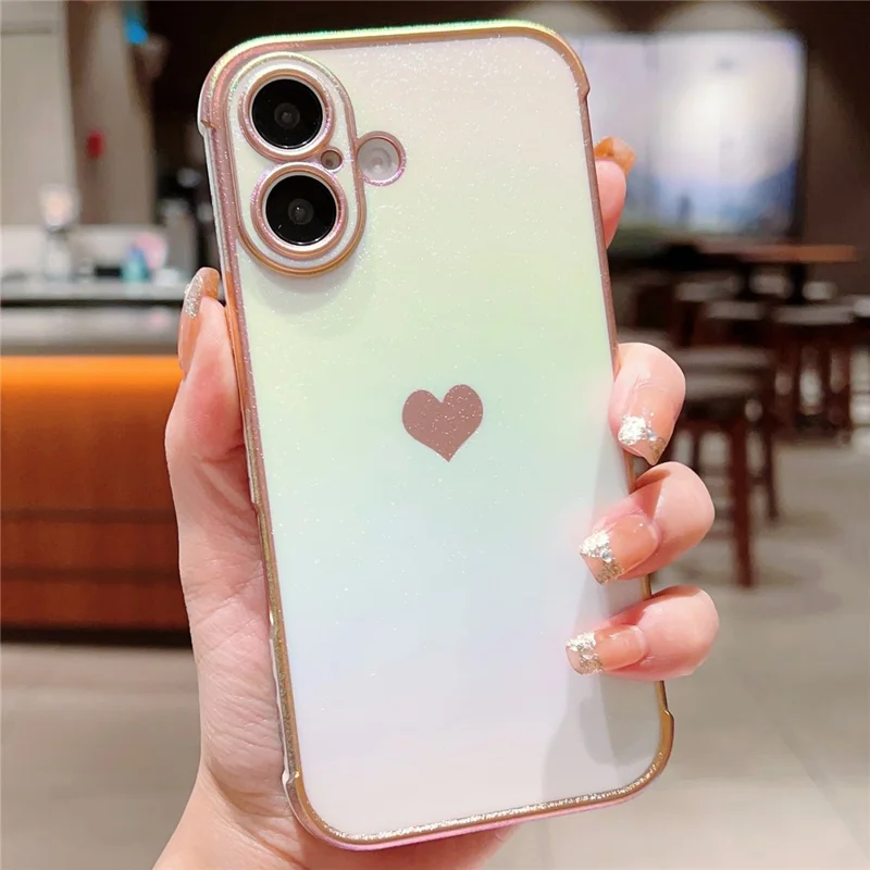 For iPhone 16 Case Dazzling Design Electroplating Heart Pattern TPU Phone Cover - White