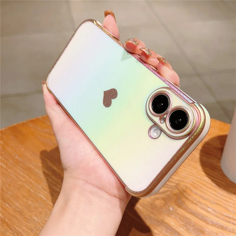 For iPhone 16 Case Dazzling Design Electroplating Heart Pattern TPU Phone Cover - White