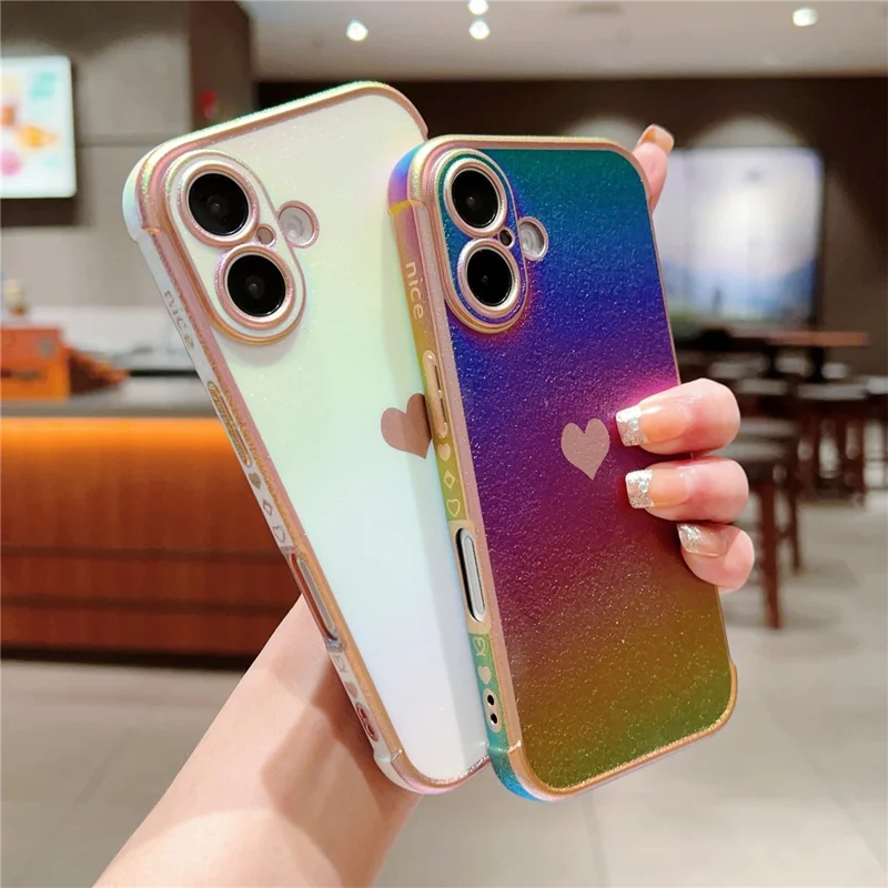 For iPhone 16 Case Dazzling Design Electroplating Heart Pattern TPU Phone Cover - White