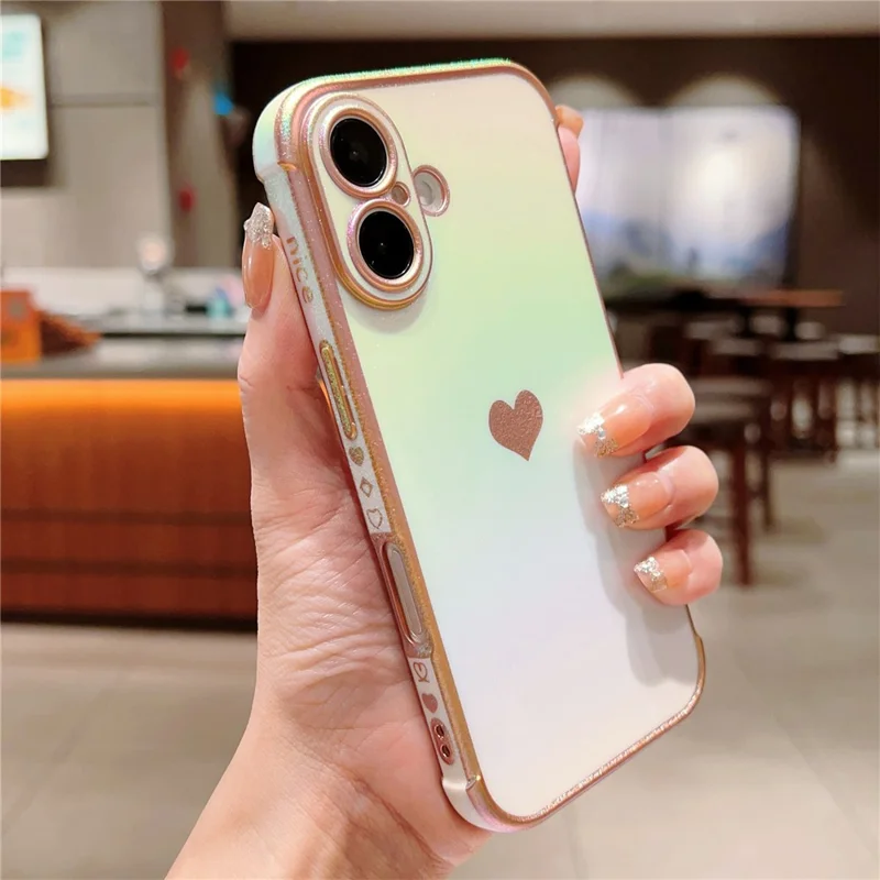 For iPhone 16 Plus Case Dazzling Design Electroplating Heart Pattern TPU Phone Cover - White