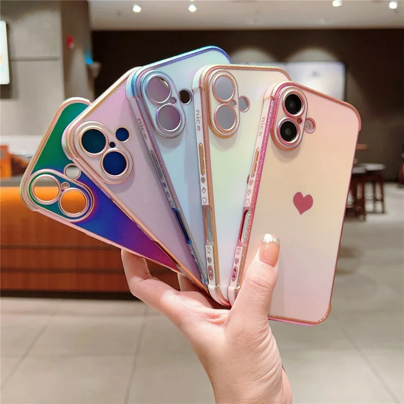 For iPhone 16 Plus Case Dazzling Design Electroplating Heart Pattern TPU Phone Cover - White