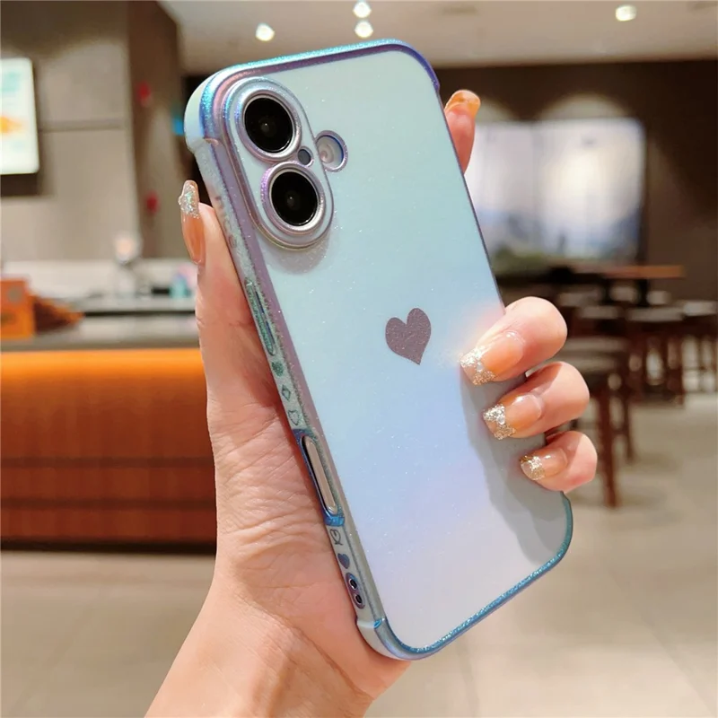 For iPhone 16 Plus Case Dazzling Design Electroplating Heart Pattern TPU Phone Cover - Blue