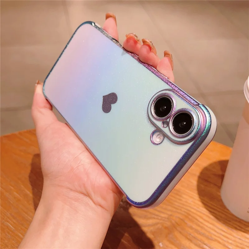 For iPhone 16 Plus Case Dazzling Design Electroplating Heart Pattern TPU Phone Cover - Blue