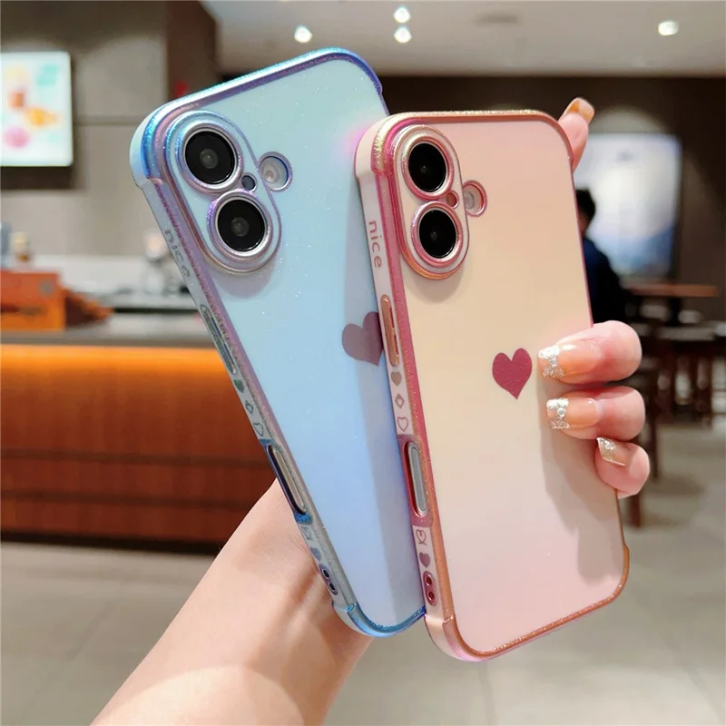 For iPhone 16 Plus Case Dazzling Design Electroplating Heart Pattern TPU Phone Cover - Blue
