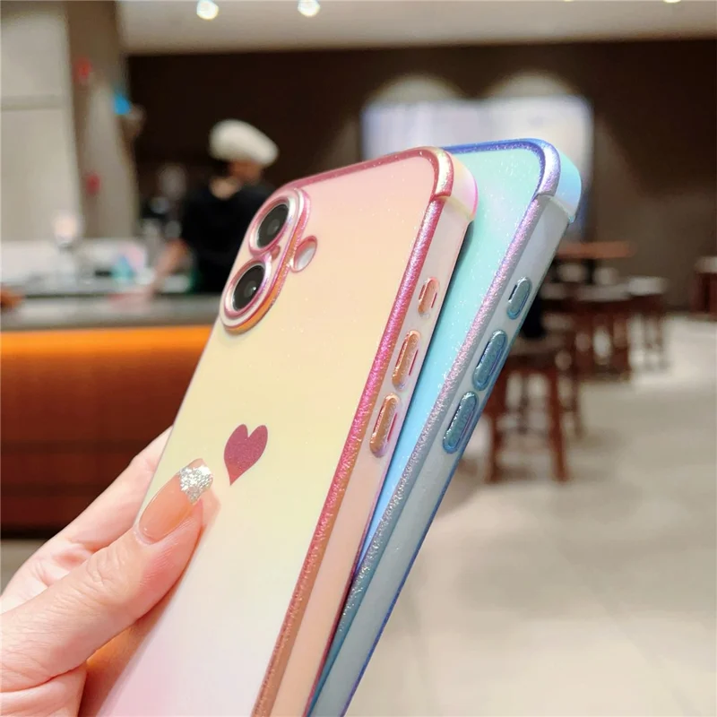 For iPhone 16 Plus Case Dazzling Design Electroplating Heart Pattern TPU Phone Cover - Blue