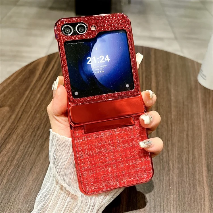 Für Samsung Galaxy Z Flip5 5G Hülle Karomuster Textur Rhinestone Dekor Scharnier Schutz PC Handyhülle - Rot