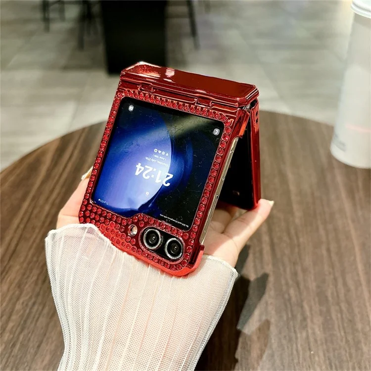 Für Samsung Galaxy Z Flip5 5G Hülle Karomuster Textur Rhinestone Dekor Scharnier Schutz PC Handyhülle - Rot