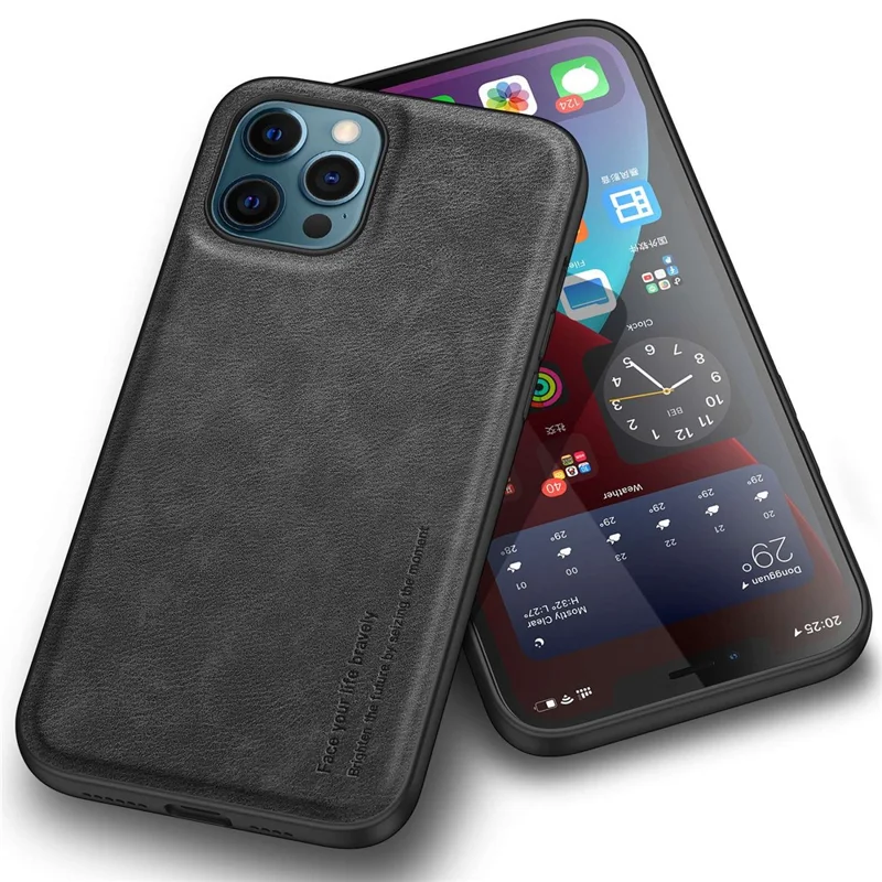 For iPhone 12 Pro Max 6.7 inch Back Protective Case, Retro PU Leather Coated TPU+PC Phone Cover - Black