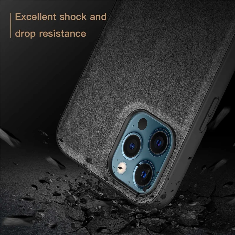 For iPhone 12 Pro Max 6.7 inch Back Protective Case, Retro PU Leather Coated TPU+PC Phone Cover - Black