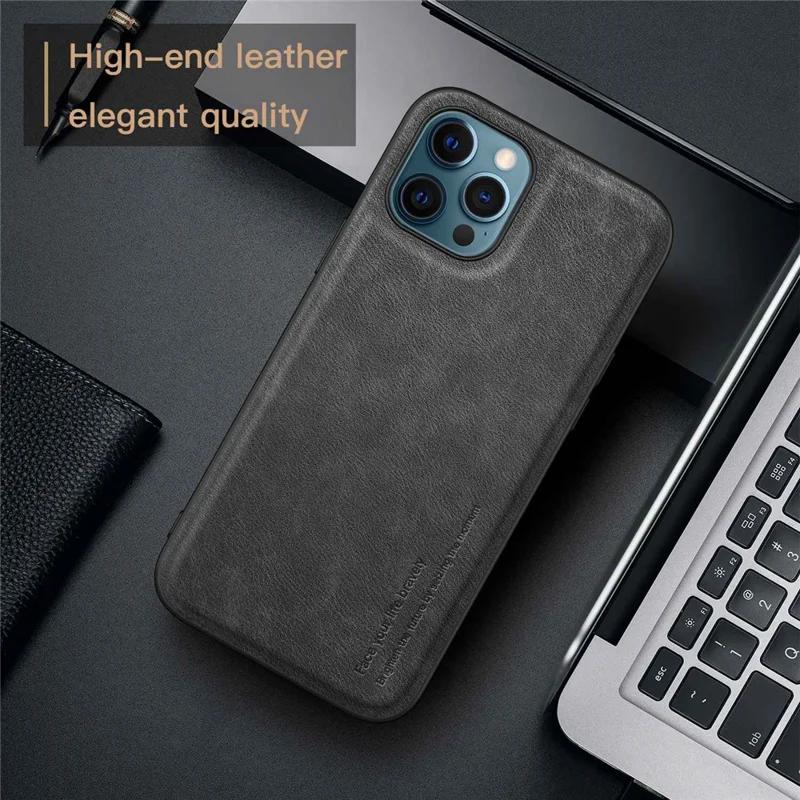 For iPhone 12 Pro Max 6.7 inch Back Protective Case, Retro PU Leather Coated TPU+PC Phone Cover - Black