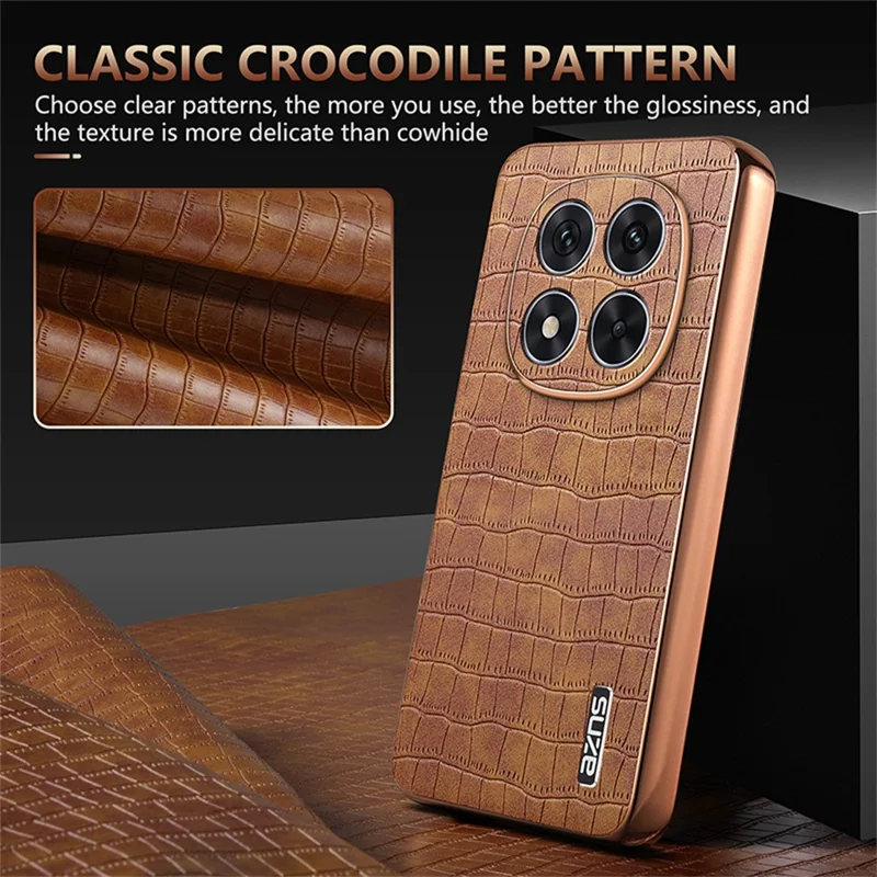 AZNS For Xiaomi Redmi Note 14 Pro 5G / Poco X7 5G Case Electroplating Crocodile Texture PU+TPU Phone Cover - Brown