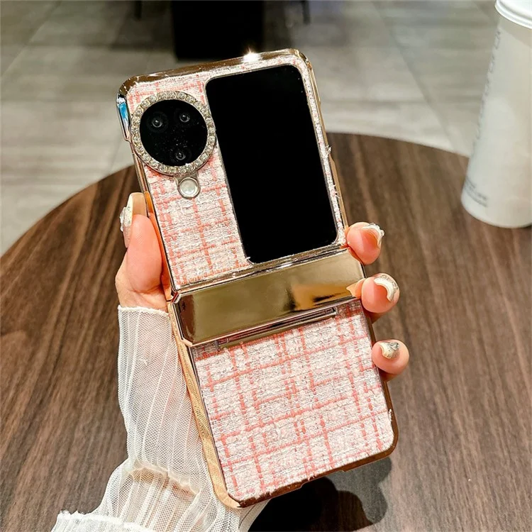 Custodia per Oppo Find N3 Flip 5G, texture quadrettata, decorazione con strass, protezione della cerniera, cover in PC - Rosa
