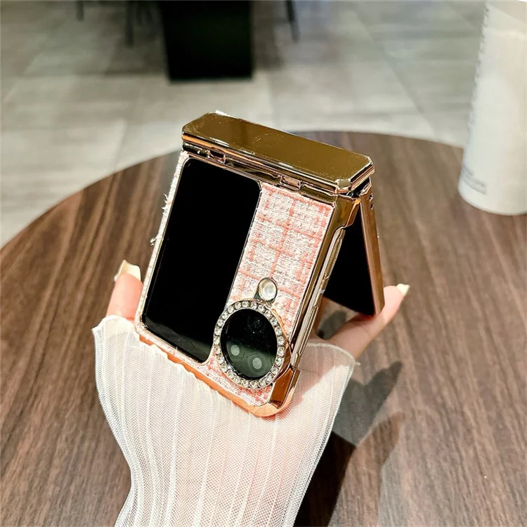 Custodia per Oppo Find N3 Flip 5G, texture quadrettata, decorazione con strass, protezione della cerniera, cover in PC - Rosa