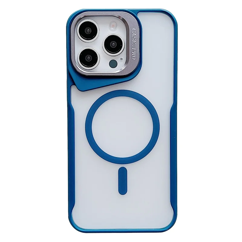 For iPhone 15 Pro Case Compatible with MagSafe Lens Frame Kickstand PC+TPU Phone Cover - Blue