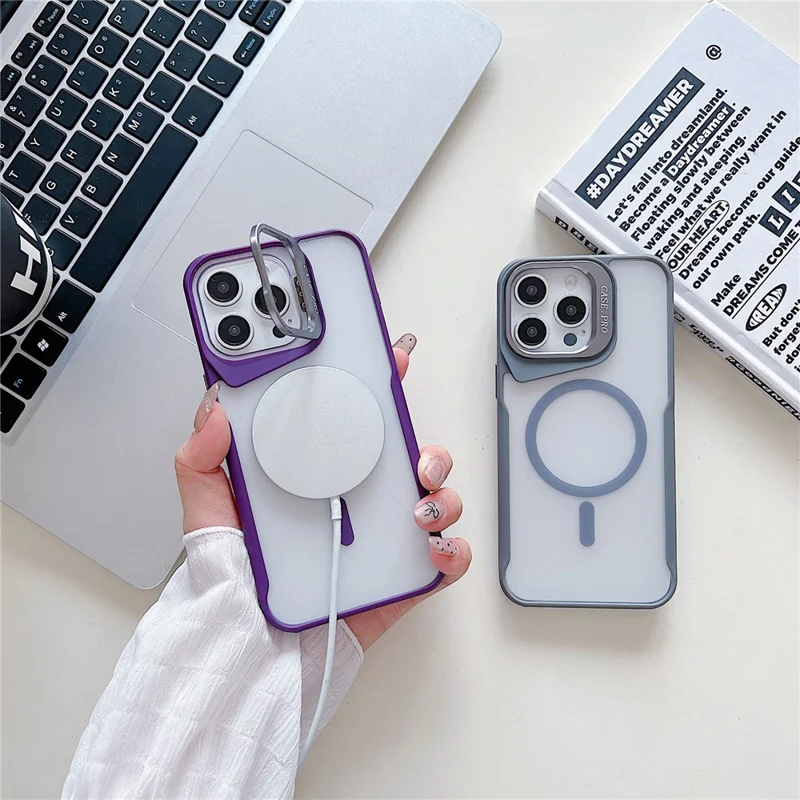 For iPhone 15 Pro Case Compatible with MagSafe Lens Frame Kickstand PC+TPU Phone Cover - Blue