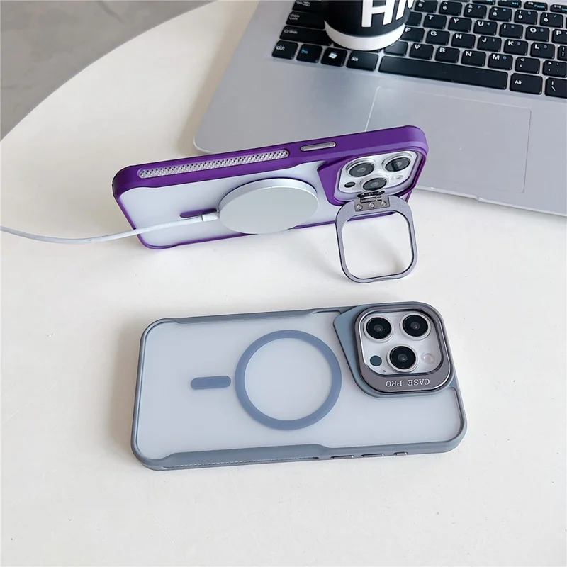 For iPhone 15 Pro Case Compatible with MagSafe Lens Frame Kickstand PC+TPU Phone Cover - Blue