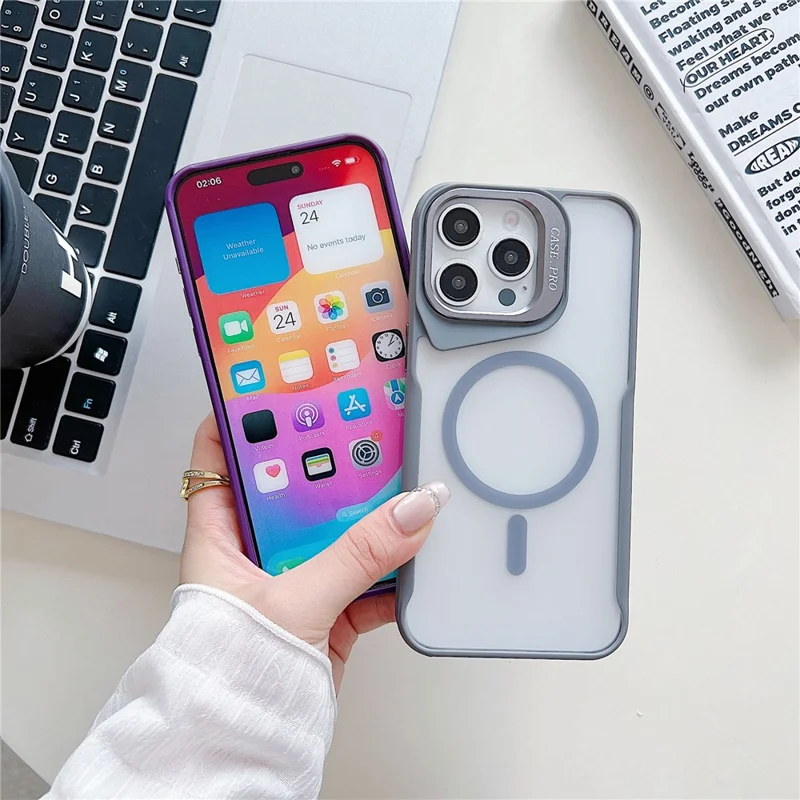 For iPhone 15 Pro Case Compatible with MagSafe Lens Frame Kickstand PC+TPU Phone Cover - Blue