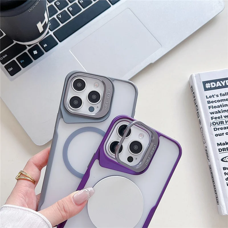 For iPhone 15 Pro Case Compatible with MagSafe Lens Frame Kickstand PC+TPU Phone Cover - Blue
