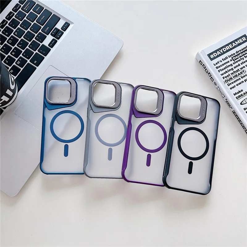 For iPhone 15 Pro Case Compatible with MagSafe Lens Frame Kickstand PC+TPU Phone Cover - Blue