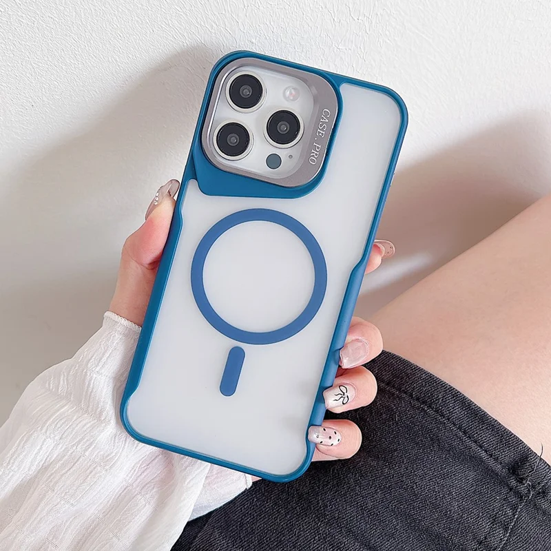 For iPhone 15 Pro Max Case Compatible with MagSafe Lens Frame Kickstand PC+TPU Phone Cover - Blue