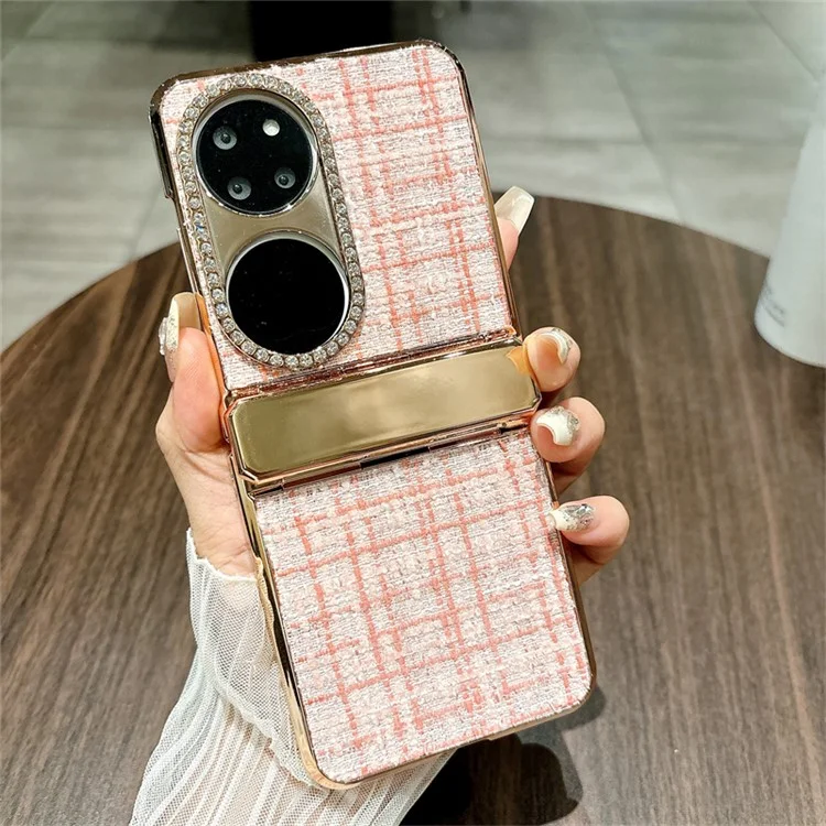 Coque pour Huawei P50 Pocket avec texture à carreaux, décoration de strass et protection de charnière en PC - Rose