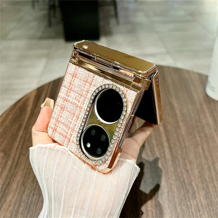 Coque pour Huawei P50 Pocket avec texture à carreaux, décoration de strass et protection de charnière en PC - Rose