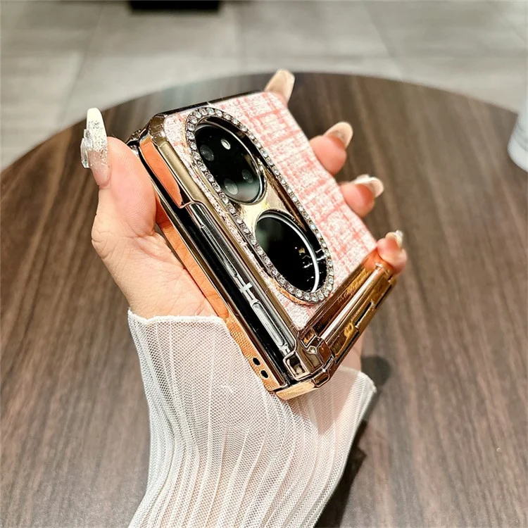 Coque pour Huawei P50 Pocket avec texture à carreaux, décoration de strass et protection de charnière en PC - Rose