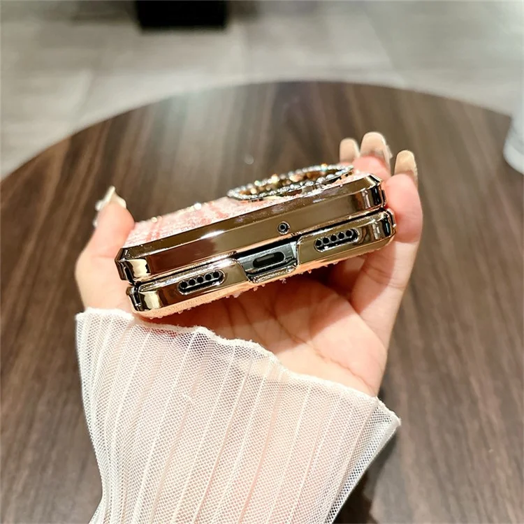 Coque pour Huawei P50 Pocket avec texture à carreaux, décoration de strass et protection de charnière en PC - Rose