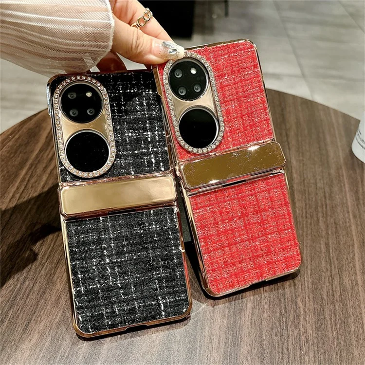 Coque pour Huawei P50 Pocket avec texture à carreaux, décoration de strass et protection de charnière en PC - Rose