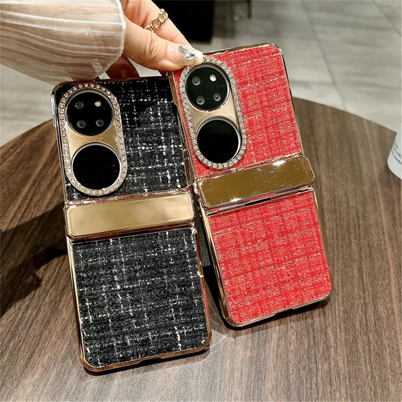 For Huawei P50 Pocket Case Plaid Texture Rhinestone Decor Hinge Protection PC Phone Cover - White