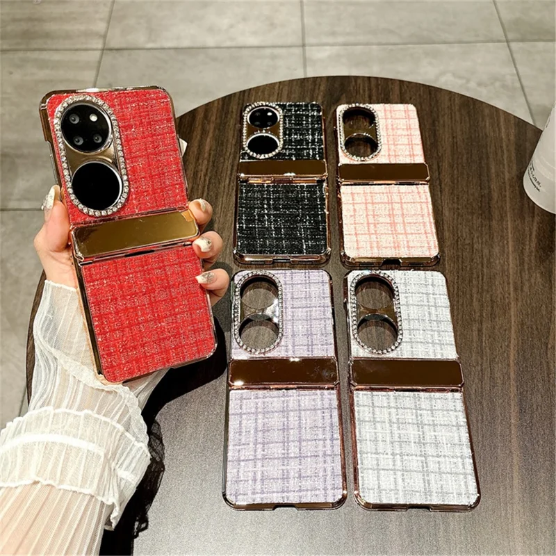 For Huawei P50 Pocket Case Plaid Texture Rhinestone Decor Hinge Protection PC Phone Cover - White
