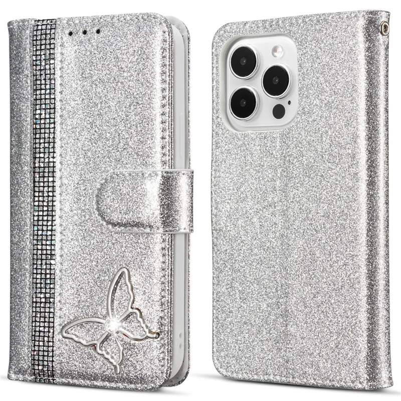 For iPhone 13 Pro Max Glitter Leather Case with Metal Diamond Buttery Wallet Stand Cover - Silver
