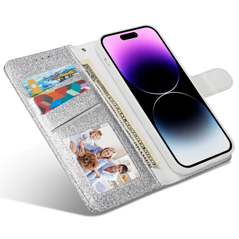 For iPhone 13 Pro Max Glitter Leather Case with Metal Diamond Buttery Wallet Stand Cover - Silver