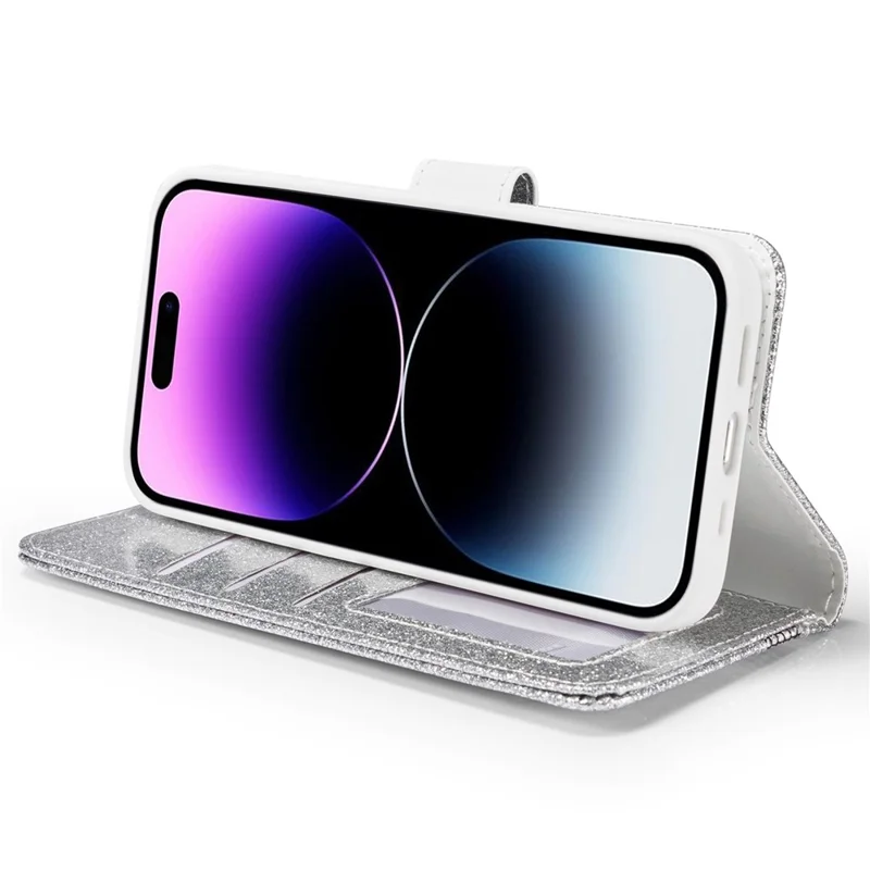 For iPhone 13 Pro Max Glitter Leather Case with Metal Diamond Buttery Wallet Stand Cover - Silver