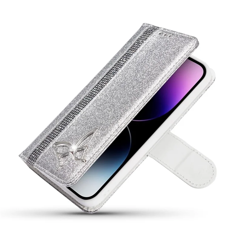 For iPhone 13 Pro Max Glitter Leather Case with Metal Diamond Buttery Wallet Stand Cover - Silver