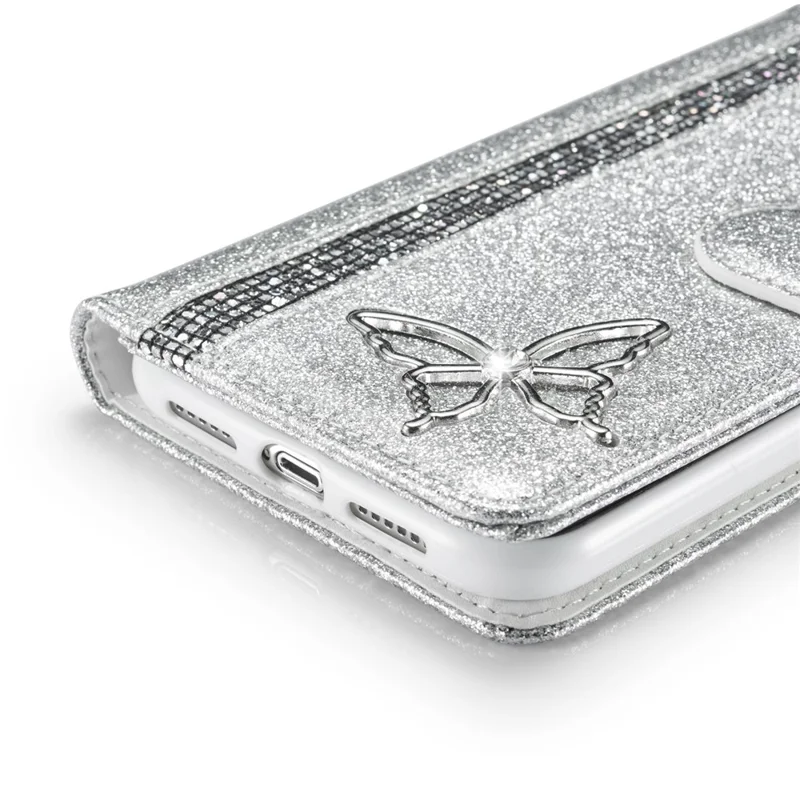 For iPhone 13 Pro Max Glitter Leather Case with Metal Diamond Buttery Wallet Stand Cover - Silver