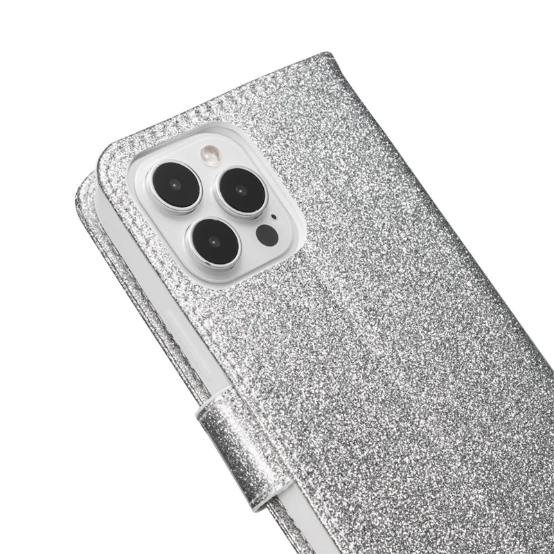 For iPhone 13 Pro Max Glitter Leather Case with Metal Diamond Buttery Wallet Stand Cover - Silver
