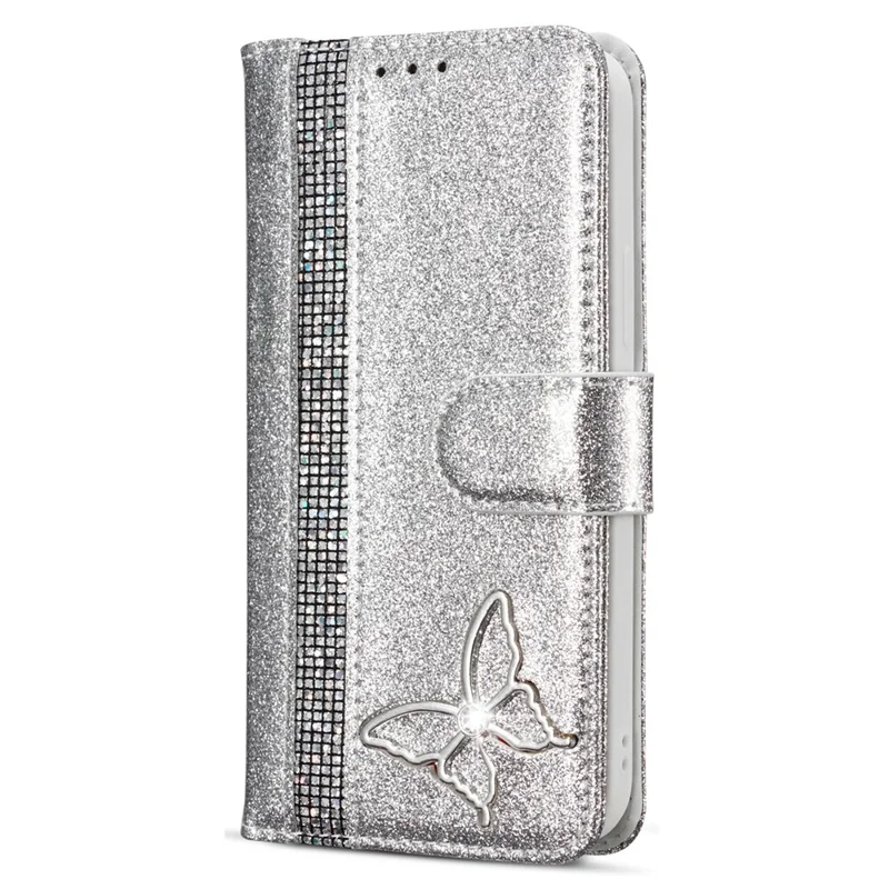 For iPhone 13 Pro Max Glitter Leather Case with Metal Diamond Buttery Wallet Stand Cover - Silver