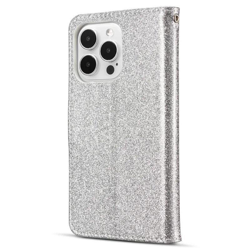 For iPhone 13 Pro Max Glitter Leather Case with Metal Diamond Buttery Wallet Stand Cover - Silver