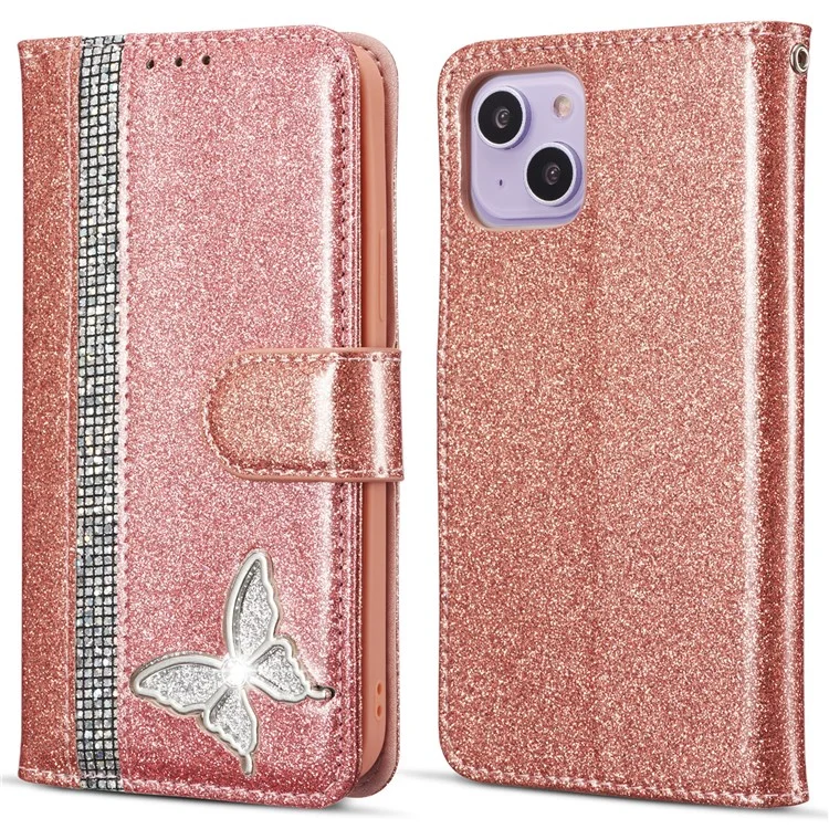 Capa de couro com glitter para iPhone 14 Plus com suporte de carteira de metal diamante - Dourado rosa